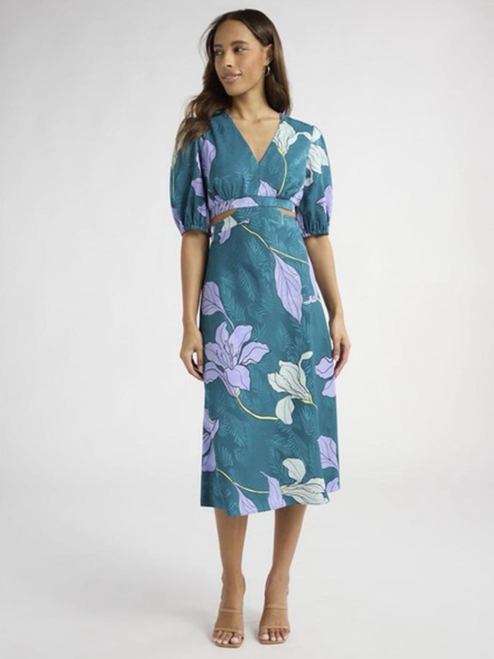 Teal Floral V-Neck Midi Dress with Puff Sleeves
